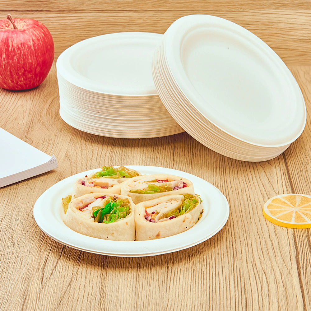 Customized Green Fast Food Tray Pulp Tableware 9 Inch 100% Compostable Biodegradable Disposable Bagasse Sugarcane Paper Plates