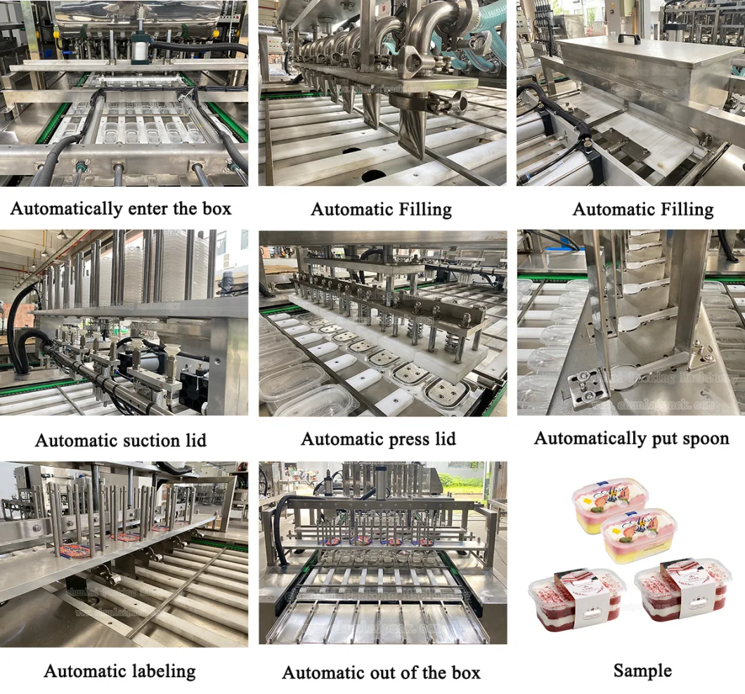 Automatic Cheesecake Tiramisu Mousse Filling Production Line with Spoon Cake Chocolate Sauce Cream Cup/Box Filling Press Lid Labeling Machine
